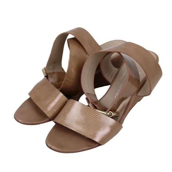 AGL BEIGE GENUINE PATENT LEATHER OPEN TOE MIDDLE HEEL WEDGE SHOES SIZE 36 1/2 - Picture 3 of 10